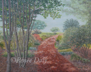 Oil painting of a path partially shaded by trees lined by flowers and more trees with the sky in the background.
