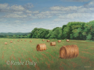 Hay field on a bright spring day with billowing clouds in the sky, mountains in the distance, and trees lining the field on two sides. The hay bales are rolled and tied. The field is brightly lit by the sun in the distance and shaded by clouds in the foreground.