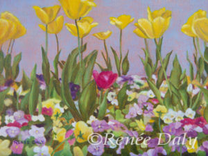 Close up of field of yellow tulips with a pink-red smaller tulip in the middle. Pansies cover the ground. The sky is a glowing blue-purple.