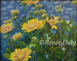 Yellow flowers with multiple green colored foliage in the foreground. A bee is pollinating one flower. Blue water is in the background.