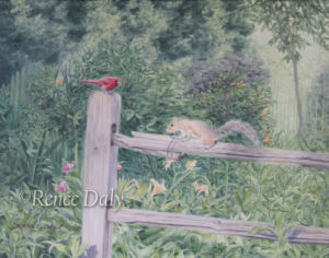 Cardinal, sitting on the post of a split rail fence, looking down on a squirrel holding on to the fence rail.